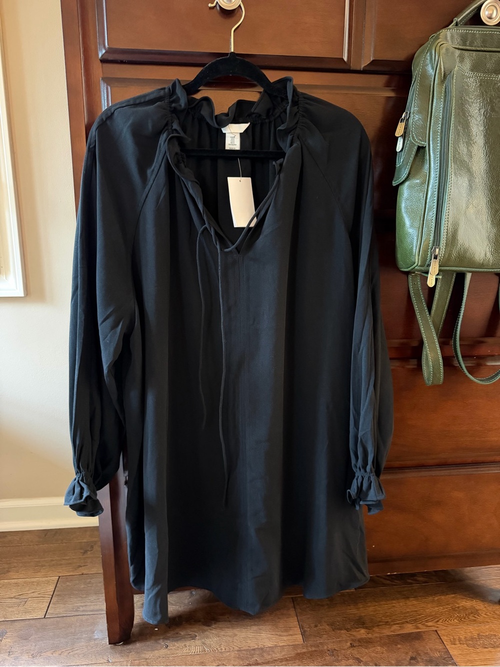 H&M Black Long-Sleeve Tie-Neck Tunic Dress
